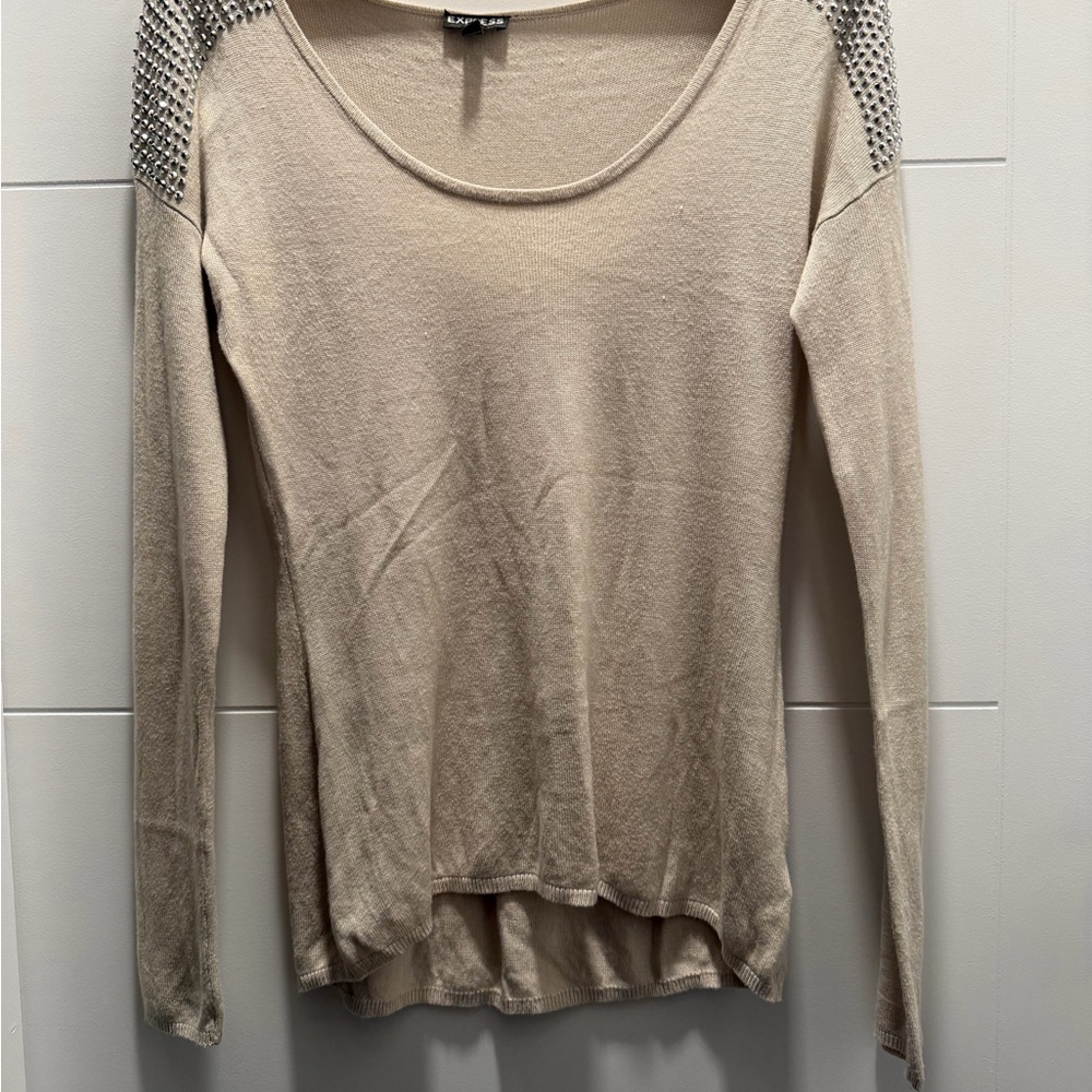 Express Beige Long Sleeve Top with Studded Shoulders